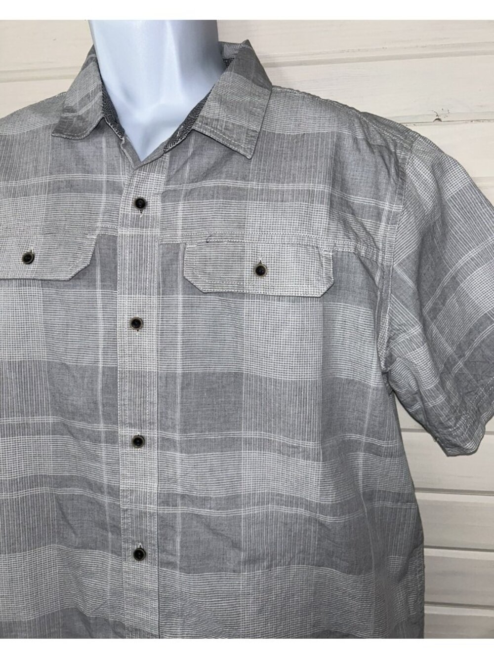 Prana Sz LARGE Marvin S/S Button Shirt Gray Plaid Pockets Organic Cotton EUC